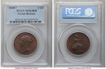 Victoria 1/2 Penny 1848/7 MS64 Red and Brown PCGS, KM726, S-3949. Clear view of the overdate 8/7 with darker muted almost matte looking tone. 

HID098...