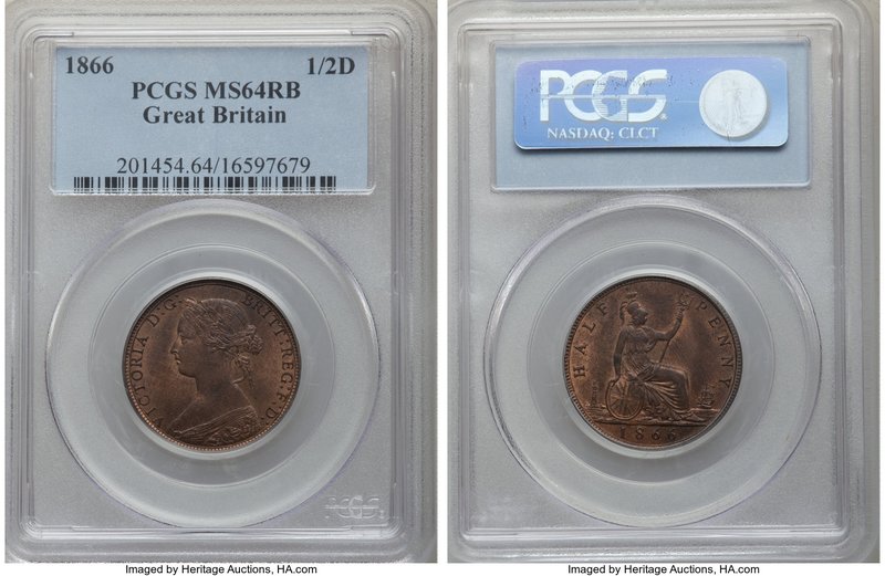 Victoria 1/2 Penny 1866 MS64 Red and Brown PCGS, KM748.2, S-3956. Exception stri...