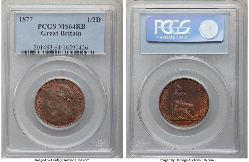 Victoria 1/2 Penny 1877 MS64 Red and Brown PCGS, KM754, S-3956. Beautiful red, g...