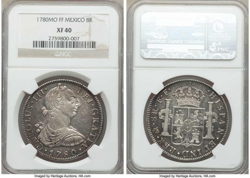 Charles III 8 Reales 1780 Mo-FF XF40 NGC, Mexico City mint, KM106.2. Pleasing co...
