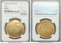 Charles IV gold 8 Escudos 1798 LM-IJ AU50 NGC, Lima mint, KM101, Onza-993. "HIS" variety. The rarer of the two varieties of the date, with the obverse...