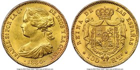 Isabel II gold 100 Reales 1864 MS62 NGC, Madrid mint, KM617.1. Two year type. AGW 0.2412 oz. 

HID09801242017