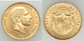 Alfonso XII gold 25 Pesetas 1881 (81) MS-M AU, Madrid mint, KM687. 23.8mm. 8.05gm. AGW 0.2333 oz. 

HID09801242017