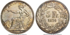 Confederation 5 Francs 1874-B. AU Details (Cleaned) NGC, Brussels mint (indicated by dot after B, KM11. Golden-brown toning. 

HID09801242017