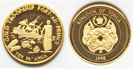 Taufa'ahau Tupou IV gold Proof 10 Pa'anga 1998, KM173. 13.8mm. 1.22gm. Issued for the destruction of the English Privateer "Port-au-Prince". AGW 0.039...