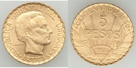Republic gold 5 Pesos 1930-(a) AU, Paris mint, KM27. 22.1mm. 8.48gm. Mintage: 100,000. One year type, only 14,415 were released; Remainder withheld. A...