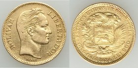 Republic gold 20 Bolivares 1886-(c) XF, Caracas mint, KM-Y32. 21.3mm. 6.46gm. Varieties exist with High and Low 6. Lowest mintage date of type. AGW 0....