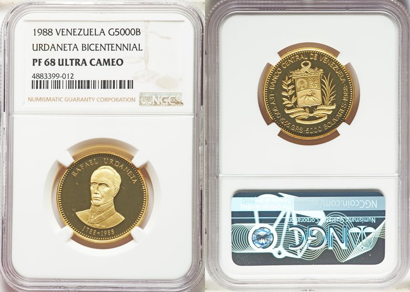 Republic gold Proof "Rafael Urdaneta" 5000 Bolivares 1988 PR68 Ultra Cameo NGC, ...