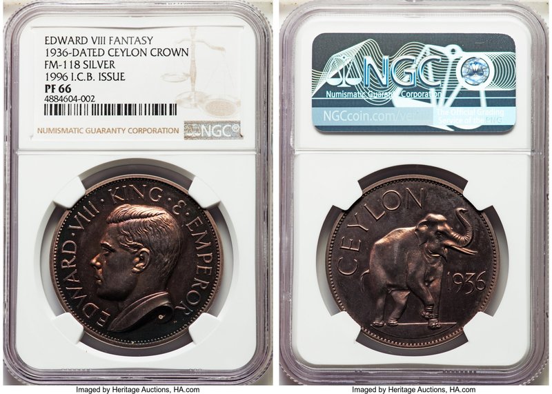 Pair of Certified silver Proof Medallic Fantasy Crowns NGC, 1) Ceylon: British C...