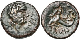 CALABRE, BRUNDISIUM, AE semis de poids réduit, vers 220-200 av. J.-C. D/ T. l. de Poséidon à d. Derrière, trident et Niké à d. ten. une couronne.Devan...