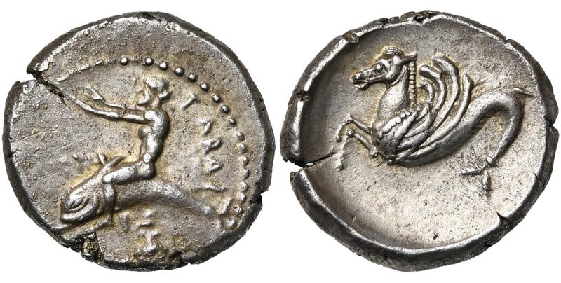 CALABRE, TARENTE, AR nomos, 480-460 av. J.-C. D/ Phalanthos chevauchant un dauph...