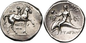 CALABRE, TARENTE, AR nomos, 281-272 av. J.-C. D/ Cavalier nu couronnant son cheval au trot d''apparat à d. Au-dessus de la croupe, ΣΩ. Sous le ventre,...