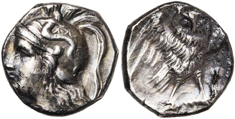 CALABRE, TARENTE, AR drachme, vers 280-272 av. J.-C. D/ T. casquée d''Athéna à g...