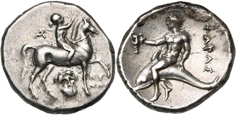 CALABRE, TARENTE, AR nomos, 272-235 av. J.-C. D/ Cavalier menant son cheval au p...