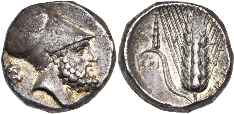 LUCANIE, METAPONTE, AR statère, vers 330 av. J.-C. D/ T. barbue, casquée de Leuc...