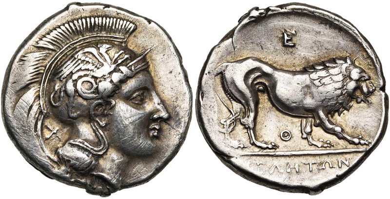 LUCANIE, VELIA, AR statère, 365-340 av. J.-C. D/ T. casquée d''Athéna à d., le c...