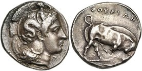 LUCANIE, THOURIOI, AR distatère, vers 350-300 av. J.-C. D/ T. casquée d''Athéna à g., le casque orné de Scylla. R/ ΘOYPIΩN Taureau boutant à d. A l''e...