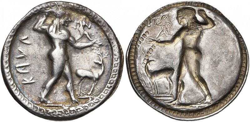 BRUTTIUM, CAULONIA, AR statère, 530-510 av. J.-C. D/ KAVΛ Apollon avançant à d.,...
