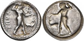 BRUTTIUM, CAULONIA, AR statère, 530-510 av. J.-C. D/ KAVΛ Apollon avançant à d., ten. une branche, le bras droit tendu sur lequel court un petit daimo...