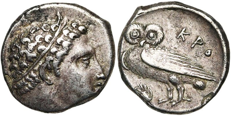 BRUTTIUM, CROTONE, AR drachme, vers 350 av. J.-C. D/ T. d''Héraclès à d., ceinte...