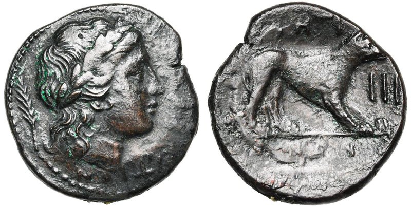 BRUTTIUM, RHEGION, AE tetras, 215-150 av. J.-C. D/ T. d''Apollon à d. Derrière l...