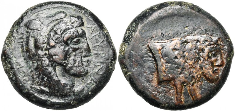 SICILE, AGYRION, AE litra, 344-336 av. J.-C. D/ AΓYPINA-IΩN T. jeune d''Héraclès...