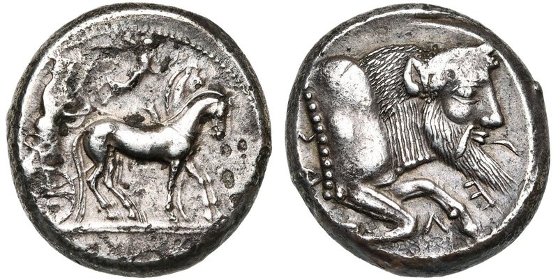 SICILE, GELA, AR tétradrachme, 480-470 av. J.-C. D/ Aurige conduisant un quadrig...