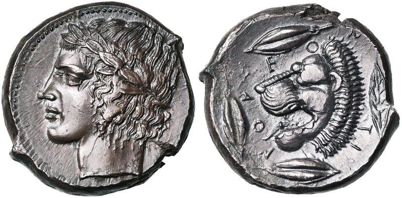 SICILE, LEONTINOI, AR tétradrachme, vers 425 av. J.-C. D/ T. l. d''Apollon à g. ...