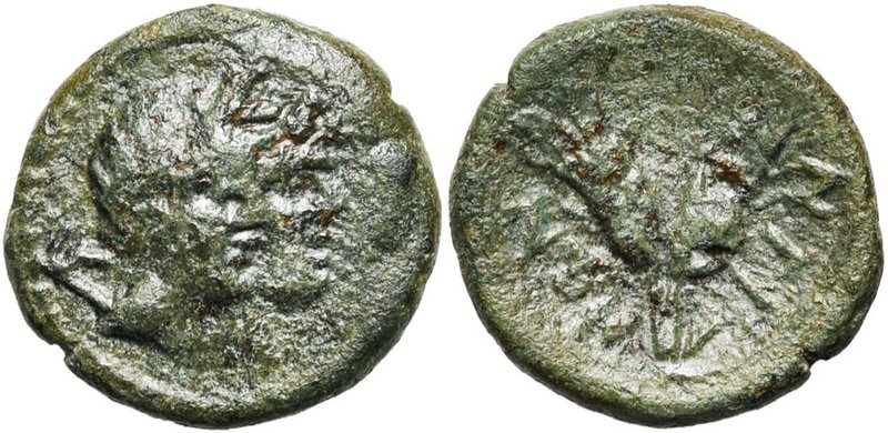 SICILE, LEONTINOI, sous domination romaine, AE bronze. D/ T. accolées d''Apollon...
