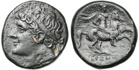 SICILE, SYRACUSE, Hiéron II (275-216), AE bronze. D/ T. diad. à g. R/ Cavalier au galop à d. En dessous, . A l''ex., IEPΩΝΟΣ. SNG ANS 933. Patine fon...