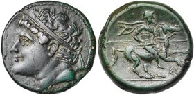 SICILE, SYRACUSE, Hiéron II (275-216), AE bronze. D/ T. diad. à g. R/ Cavalier au galop à d. En dessous, ΣΩ. A l''ex., IEPΩΝΟΣ. SNG ANS 952. 17,96g Pa...