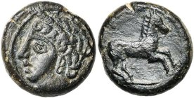 EMISSIONS SICULO-PUNIQUES, AE bronze, 370-300 av. J.-C., Sicile. D/ T. de Koré à g. R/ Cheval au galop à d. SNG Cop. 1021-1024; Calciati 379, 6; Mini,...