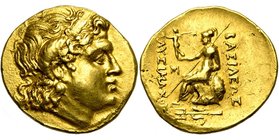 THRACE, BYZANTION, AV statère, 205-195 av. J.-C. Au nom de Lysimaque. D/ T. diad. d''Alexandre le Grand à d., portant les cornes d''Ammon. R/ ΒΑΣΙΛΕΩΣ...