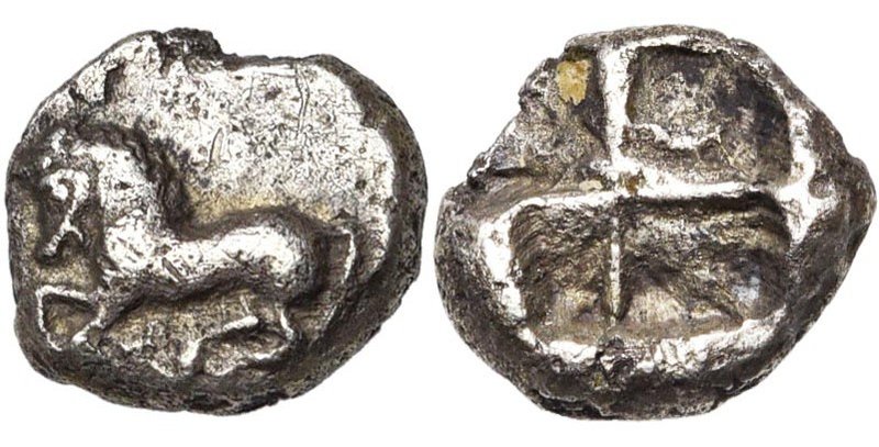 MACEDOINE, SERMYLIA, AR tétrobole, vers 525-500 av. J.-C. D/ Cheval bondissant à...