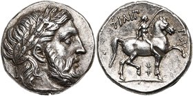 ROYAUME DE MACEDOINE, Philippe II (359-336), AR tétradrachme, vers 323-315 av. J.-C., Pella. D/ T. l. de Zeus à d. R/ ΦΙΛΙΠ-ΠΟY Cavalier chevauchant a...