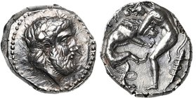 ROYAUME DE PEONIE, Lykkeios (356-335), AR tétradrachme. D/ T. l. de Zeus à d. R/ ΛYKK-EIOY Héraclès deb. à d., brandissant la massue et luttant avec l...
