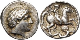 ROYAUME DE PEONIE, Patraos (340-315), AR tétradrachme. D/ T. l. d''Apollon à d. R/ [ΠATPAOY] Cavalier terrassant de sa lance un ennemi tombé à terre, ...