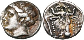 EUBEE, Ligue eubéenne, AR drachme, 323-320 av. J.-C. D/ T. de nymphe à g., avec collier et boucle d''oreille. R/ T. de boeuf de f., décorée de bandele...