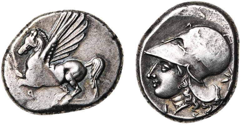 CORINTHE, AR statère, 386-307 av. J.-C. D/ Pégase en vol à g. Dessous, . R/ T. ...
