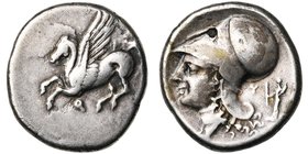 CORINTHE, AR statère, 386-307 av. J.-C. D/ Pégase en vol à g. Dessous, . R/ T. csquée d''Athéna à g. Devant le menton, A. Derrière la t., Y et statue...