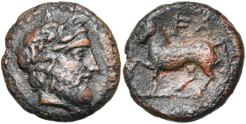 ELIDE, ELIS, AE bronze, vers340-280 av. J.-C. D/ T. l. de Zeus à d. R/ Cheval tr...