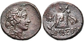 PONT, AMISOS, AE bronze, 85-65 av. J.-C. D/ T. de Dionysos à d., cour. de lierre. R/ Ciste mystique couverte de la peau de panthère, contre laquelle e...