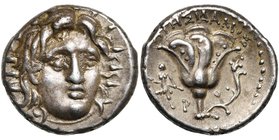 ILES DE CARIE, RHODES, ville de Rhodes, AR didrachme, vers 275-250 av. J.-C. D/ T. r. d''Hélios de f., légèrement tournée à d. R/ Rose avec bouton. Au...