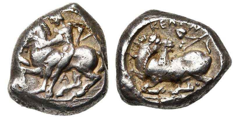 CILICIE, CELENDERIS, AR statère, 360-350 av. J.-C. D/ Ephèbe, ten. un fouet, s''...