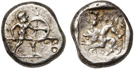 PAMPHYLIE, ASPENDOS, AR statère, vers 465-430 av. J.-C. D/ Guerrier nu au combat à d., ten. une lance et un bouclier. R/ Triskèle de jambes humaines. ...
