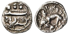 PHENICIE, BYBLOS, Ainel (vers 333 av. J.-C.), AR 1/16 sheqel. D/ Galère phénicienne à g. A bord, deux hoplites armés. En dessous, un hippocampe à g. R...