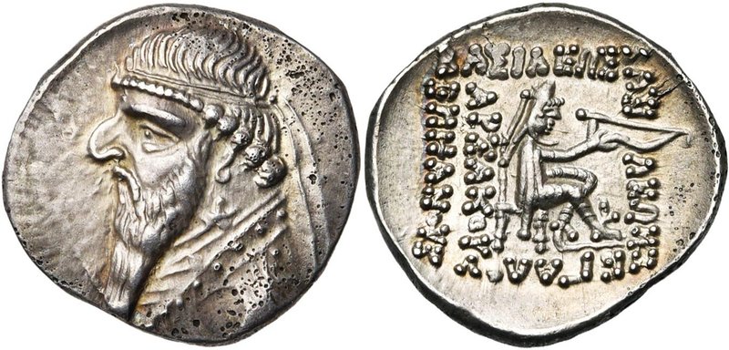 ROYAUME PARTHE, Mithradates II (123-88), AR drachme, Rhagae. D/ B. diad., dr. à ...