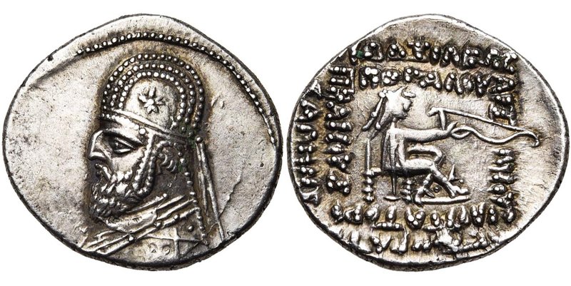 ROYAUME PARTHE, Orodes Ier (90-77), AR drachme, Ecbatane. D/ B. barbu à g., coif...