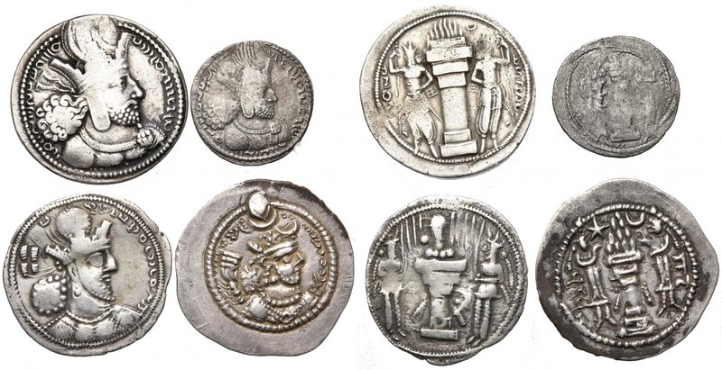 ROYAUME SASSANIDE, lot de 4 p. en argent: Shapur Ier, drahm et hémidrahm; Shapur...