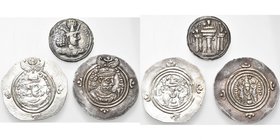 lot de 3 drahms: Shapur II, R/ B. d''Ahura-Mazda dans les flammes à d.; Khosrow II, an 10 BISh, an 35 ART.

Très Beau / Very Fine